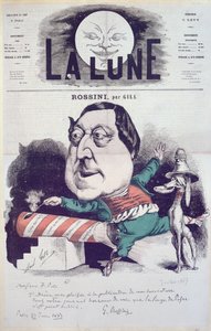 A „La Lune” magazin első borítója Rossini karikatúrájával, a zeneszerző üzenetével és autogramjával, 1867. június 27.